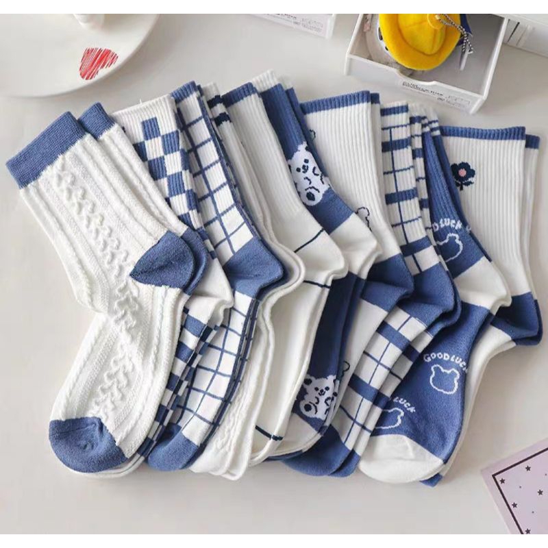 Set 5 đôi tất vớ xanh cao cổ họa tiết gấu phối màu trẻ trung trendy hàng đẹp giá rẽ mẫu mới hot hit