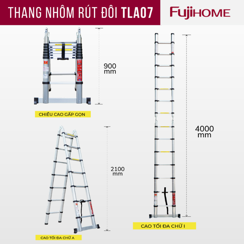 Thang nhôm gấp đôi FUJIHOME TLA07 rút chữ A cao 2,1m - Công nghệ Nhật Bản - Nhập khẩu chính hãng