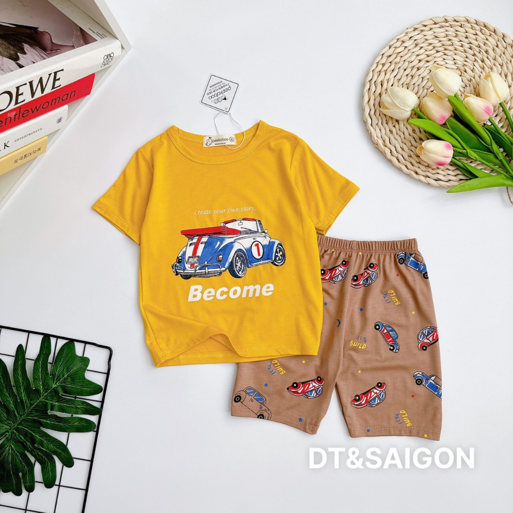 Bộ thun lạnh cộc tay cho bé trai, bé gái Pekaboo hình ô tô khủng long mới nhất