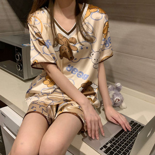 Bộ đồ ngủ nữ mùa hè chất lụa băng cổ V gợi cảm bộ quần áo mặc ở nhà mùa hè ngọt ngào dễ thương - Lulu Fashion