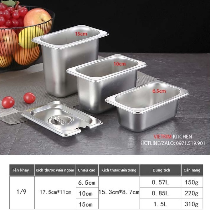 Khay đựng thạch topping trà sữa GN inox 304 có nắp (sâu 6.5cm)