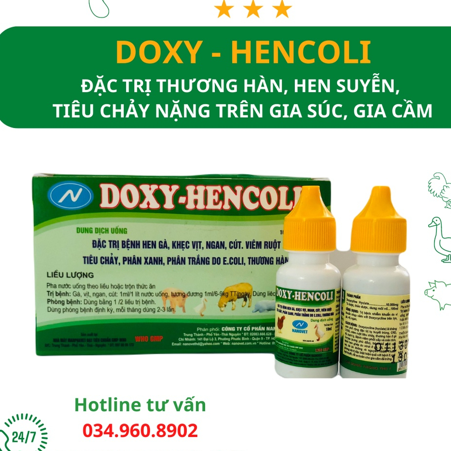 M.T SHOP DOXY HENCOLI Phòng Bệnh Đường Tiêu Hóa, Hô Hấp Cho Gia Cầm 10ml x 1 lọ