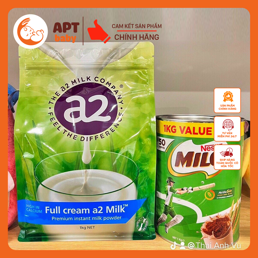 Bộ Đôi Sữa Bột A2 Nguyên Kem 1Kg + Sữa Bột Milo 1Kg