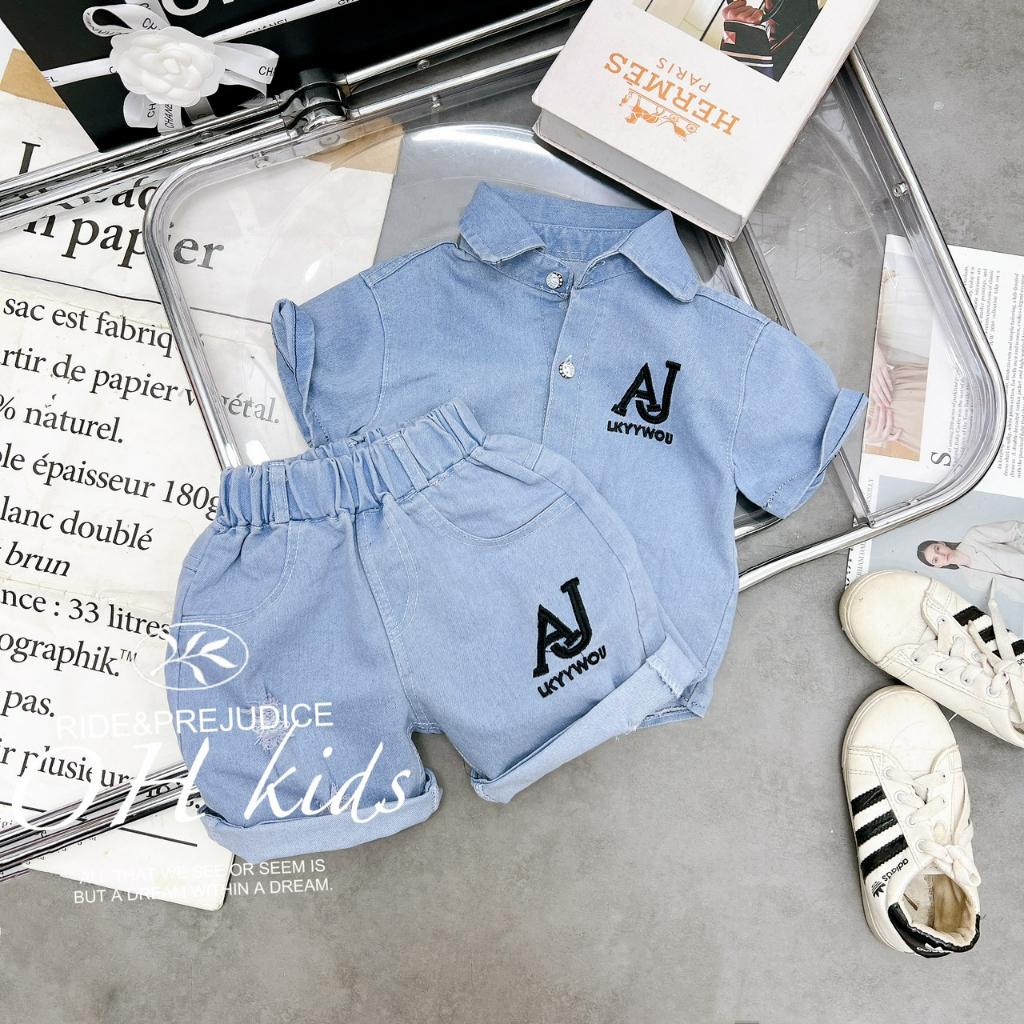 Đồ bộ bé trai , Set bộ jeans cộc tay Áo sơ mi bò thêu chữ AJ sắc nét phối quần bò ráchsành điệu cho bé