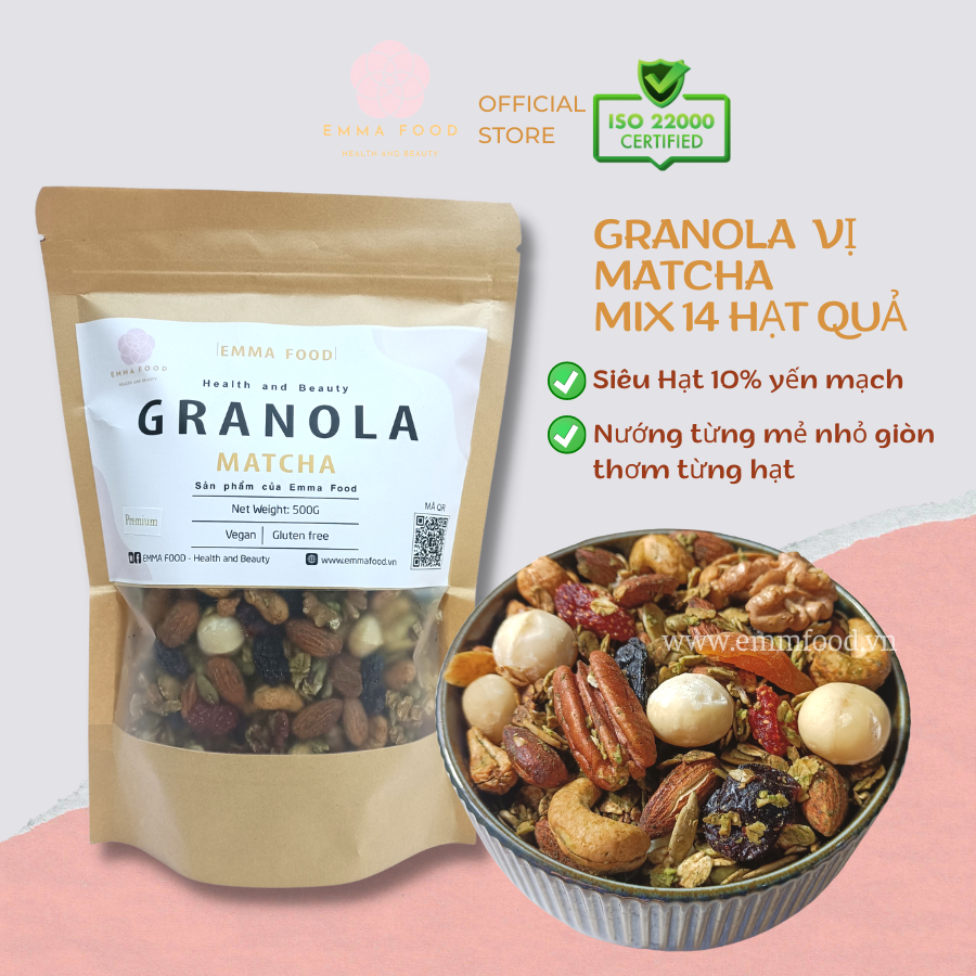 250G Granola Siêu Hạt vị Matcha EMMA Food Ngũ Cốc Dinh Dưỡng Ăn sáng, ăn phụ lành mạnh