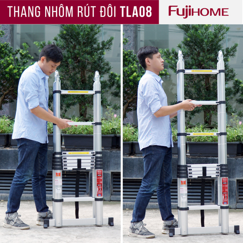 Thang nhôm rút gọn chữ A nhập khẩu FUJIHOME TLA08 chiều cao tối đa 5m - 2x8 bậc - Đế cao su - Bảo hành 24 tháng