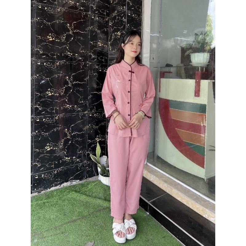 Bộ nữ đi chùa viền nơ vải Kate size 40-70kg