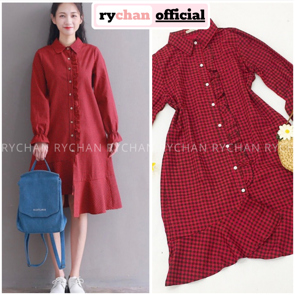 Đầm Nữ Đi Dạo Phố Tay Dài Nút Trắng Đuôi Lệch Tà Cực Đáng Yêu ,Đầm Caro Màu Đỏ Đen [ẢNH THẬT CUỐI] - DX9854