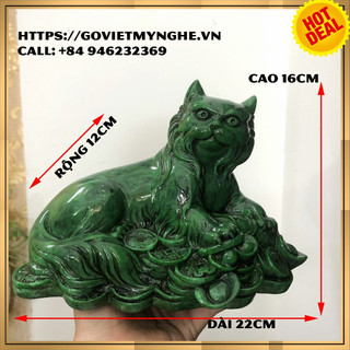 [Mèo phong thủy] Tượng đá con Mèo cát tường trang trí phong thủy bàn làm việc - Dài 22cm - Màu Xanh Lục Bích