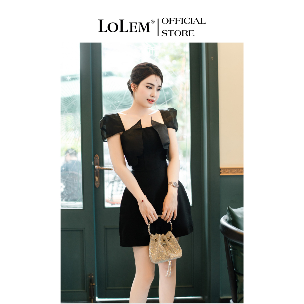 Đầm dạ chữ A LOLEM DX399 tay con vải dạ phối tơ organza