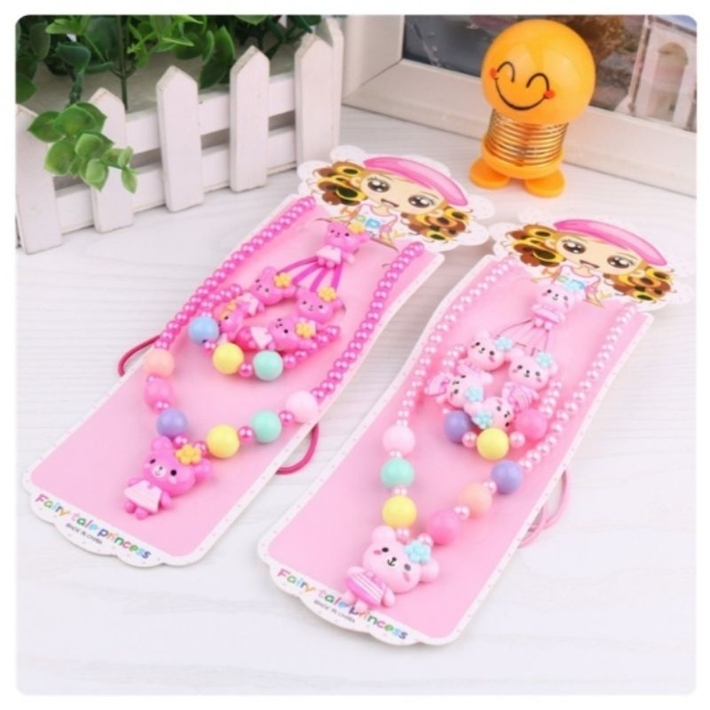 Set trang sức bé gái 6 chi tiết vòng cổ, vòng tay, nhẫn, kẹp tóc, dây cột tóc hoạt hình dễ thương