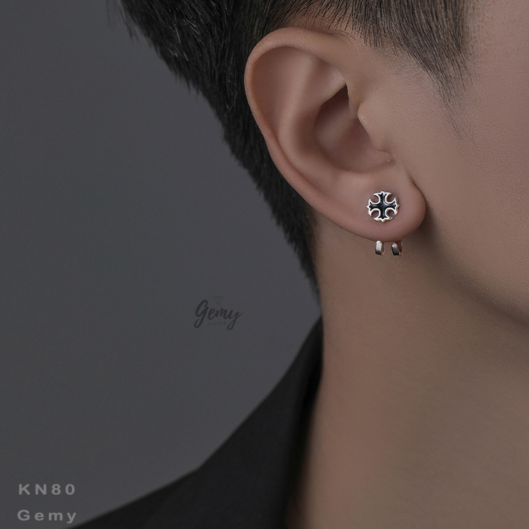 Khuyên tai nam bạc nguyên chất màu đen chữ thập thánh giá móc cong Black Cross phong cách unisex | GEMY SILVER KN80