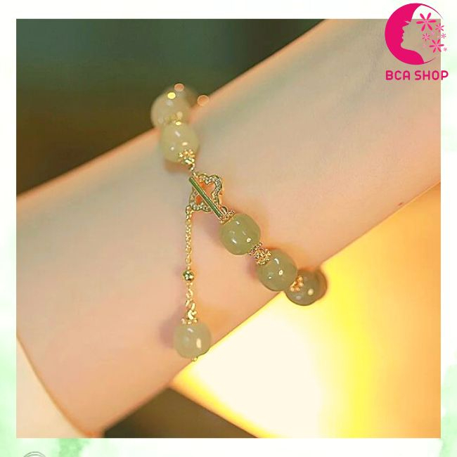 Vòng tay mạ vàng thiết kế hạt thủy tinh nhân tạo màu xanh xỏ thun co dãn kiểu dáng thời trang xinh xắn cho nữ