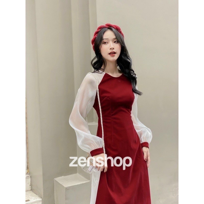 Áo dài nhung tay voan dài cách tân trơn kèm quần phi bóng, set áo dài tay voan cổ tròn 180000 MÃ726/MS012