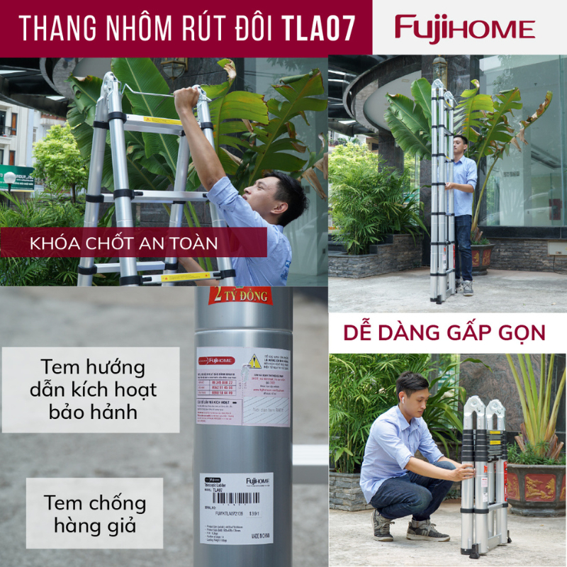 Thang nhôm gấp đôi FUJIHOME TLA07 rút chữ A cao 2,1m - Công nghệ Nhật Bản - Nhập khẩu chính hãng