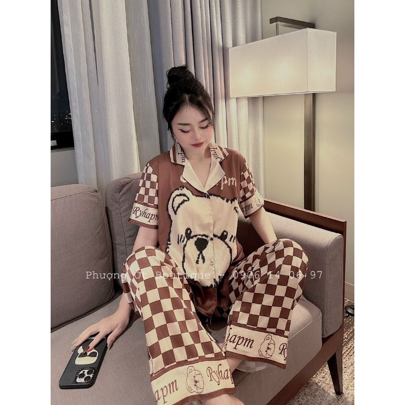 Pijama hàng thiết kế họa tiết Gấu vải lụa xước Tô Châu cao cấp.Ảnh shop chụp thật ở cuối trang nha khách