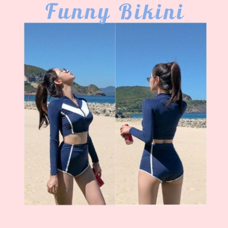 Bikini đồ bơi 2 mảnh dài tay cạp cao có khóa kéo thể thao năng động
