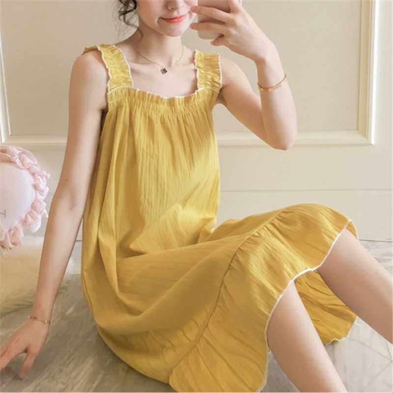 Đầm bầu váy mặc ở nhà hai dây bản to lụa mềm mặc hè, dáng xuông đuôi cá, dễ thương ( hàng quảng châu có sẵn )