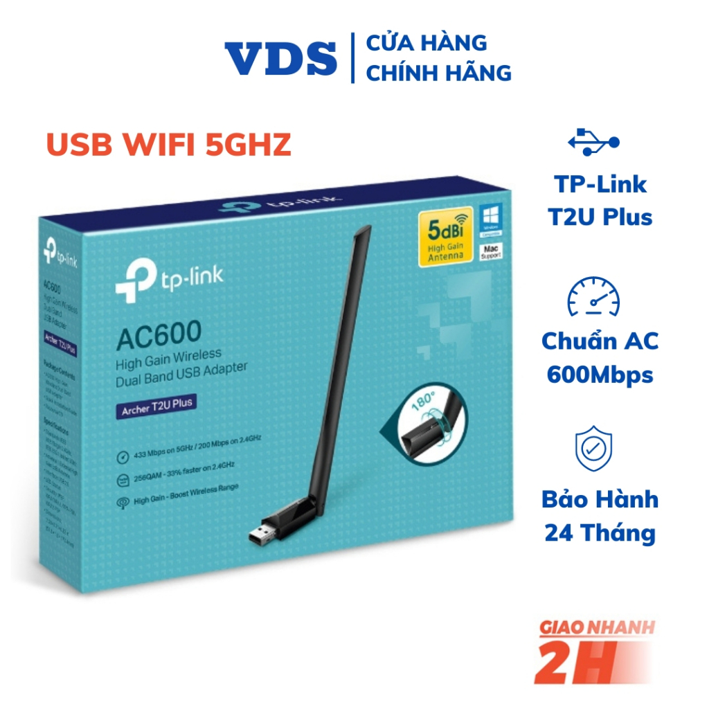 Usb wifi TP-Link chuẩn AC600 Mbps 5ghz USB adapter băng tần kép usb thu wifi Archer T2U Plus cho pc laptop VDS shop