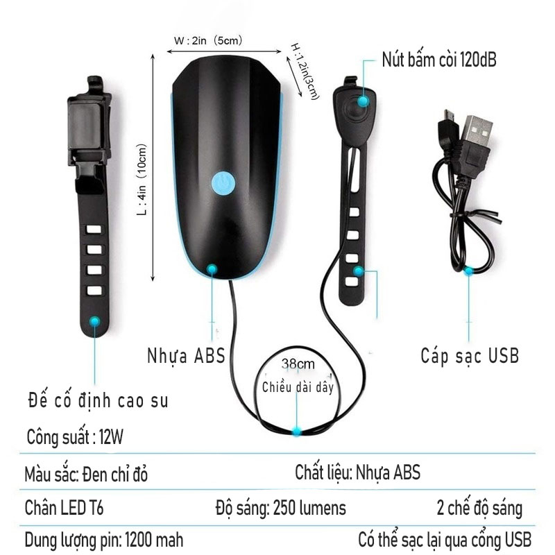 Đèn Xe Đạp Tích Hợp Còi Chống Nước Có Thể Sạc Lại Qua Cổng USB