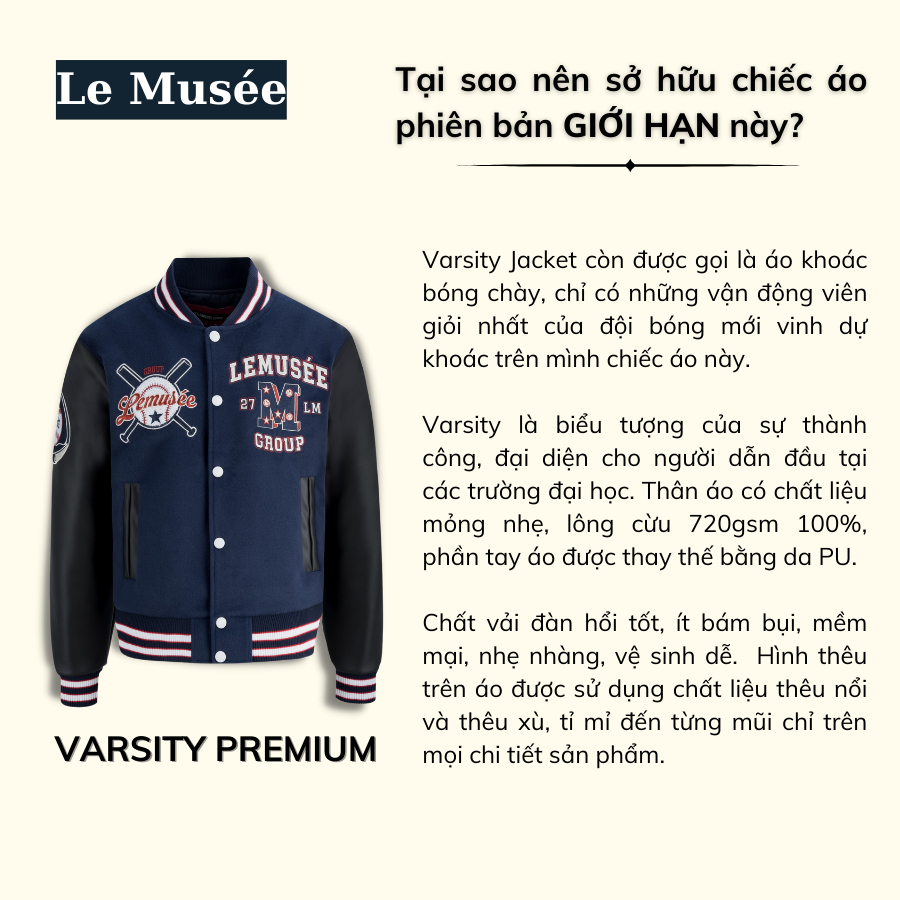 Áo Khoác Varsity Le Musée Vải Lông Cừu 720gsm Chính Hãng 100% Màu Xanh Than