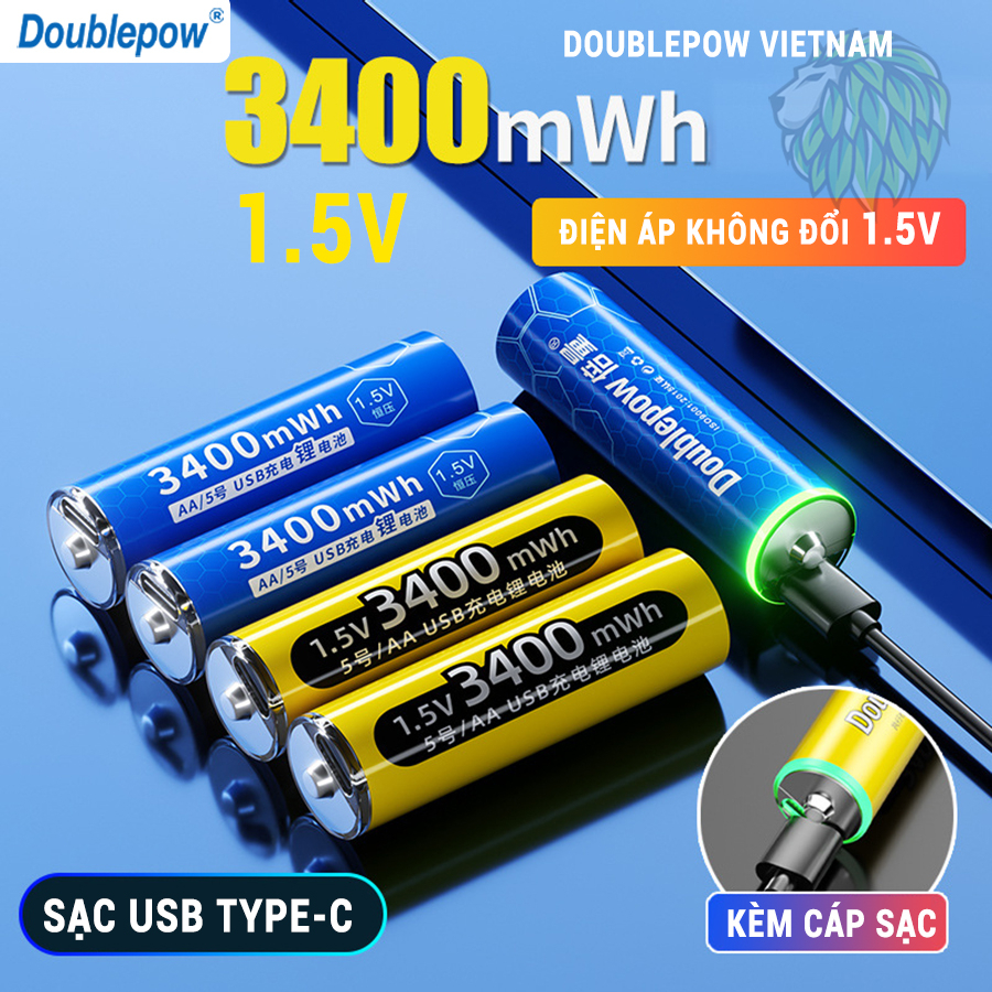 Pin sạc AA 1.5V USB Type-C Doublepow 3400mWh sạc trực tiếp, có sạc nhanh, dùng cho đồ chơi, điều khiển tivi. micro