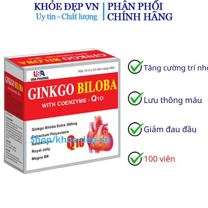 Vuên uống GINKGO BILOBA 360mg hoạt huyết dưỡng não- Tăng cường tuần hoàn máu -  hộp 100 viên nang mềm