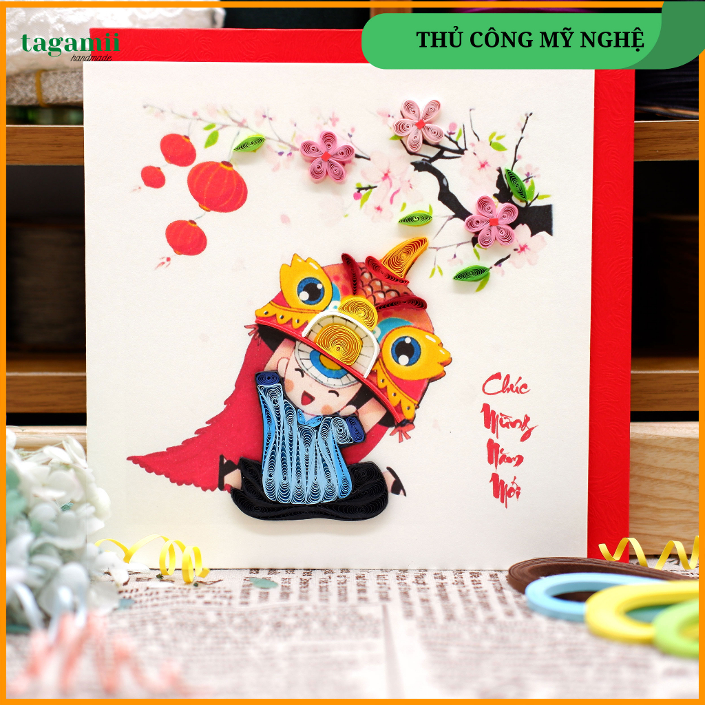 Thiệp Quilling Giấy Xoắn, Thiệp Chúc Mừng Năm Mới, Thiệp Tết Nguyên Đán, Quà tặng Người thân 15x15cm