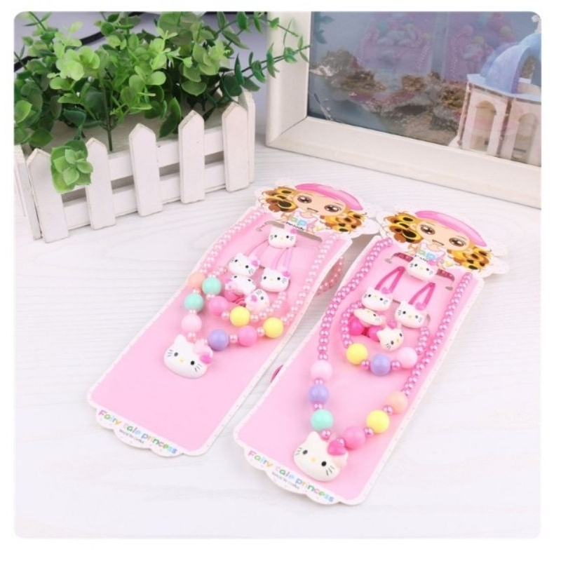 Set trang sức bé gái 6 chi tiết vòng cổ, vòng tay, nhẫn, kẹp tóc, dây cột tóc hoạt hình dễ thương