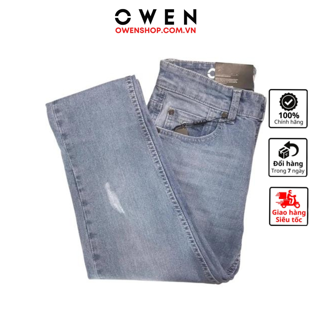 Quần jean nam cao cấp chính hãng Owen QJSL221486 màu xanh nhạt vải bò denim cotton bền đàn hồi tốt dáng slim fit ống côn
