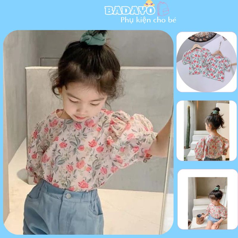 Áo bé gái xuất dư tay bồng voan lụa họa tiết hoa hồng mềm đẹp cao cấp BADAYO SF1507