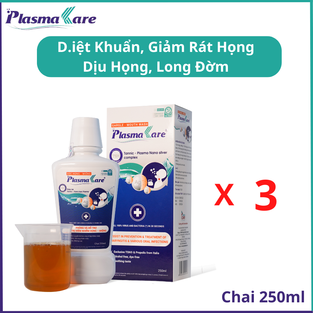 Combo 3 nước súc họng nano bạc PlasmaKare giảm rát họng, dịu ho, long đờm, diệt khuẩn và virus 250ml