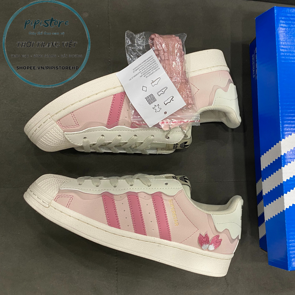 Giày adidas superstar, adidas Sò hồng, màu hồng kem bản S.C 2022 dây hồng full box
