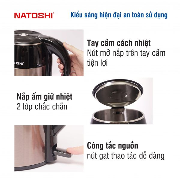 Ấm siêu tốc, bình đun nước siêu tốc Natoshi N08, inox 304 siêu bền, công suất 1800W, bảo hành 12 tháng