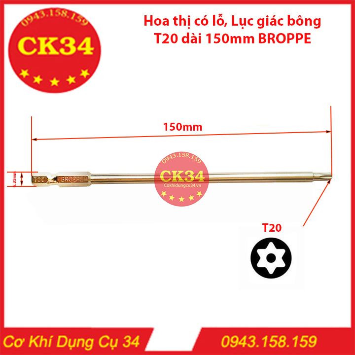 Mũi vít hoa thị có lỗ, Lục giác bông T20 dài 150mm hãng BROPPE