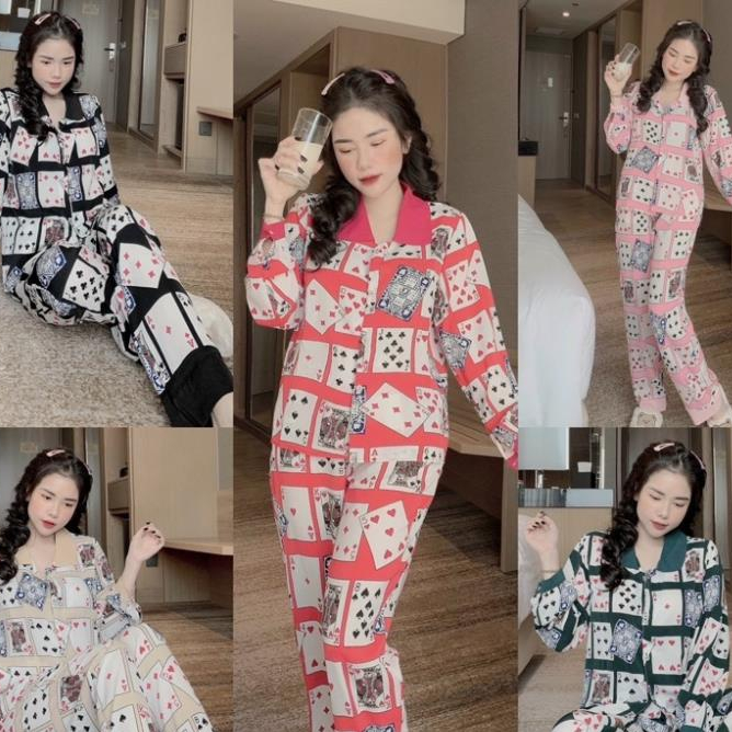 Bộ Ngủ Pijama Tay Dài Quần Dài Chất Mango Mát FreeSize Thiết Kế Họa Tiết Lá Bài Nhiều Mẫu Chọn Lựa Chọn