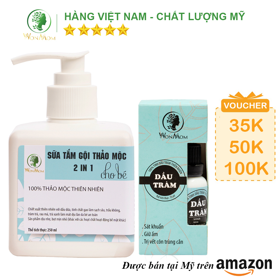 [ Giảm 35K - Đơn 339K ]  Bộ tắm gội thảo mộc và giữ ấm cho bé yêu Wonmom ( 1 Dầu tràm + 1 Sữa tắm gội thảo mộc cho bé )