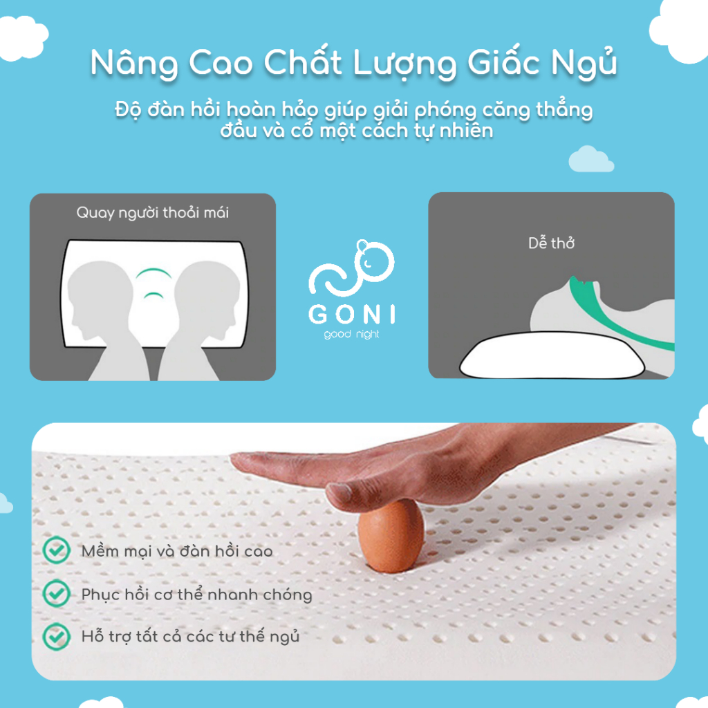 Gối Cao Su Thiên Nhiên Goni Care 40x60cm Đàn Hồi Cao, Kháng Khuẩn, Thoáng Khí, Chống Đau Vai Gáy