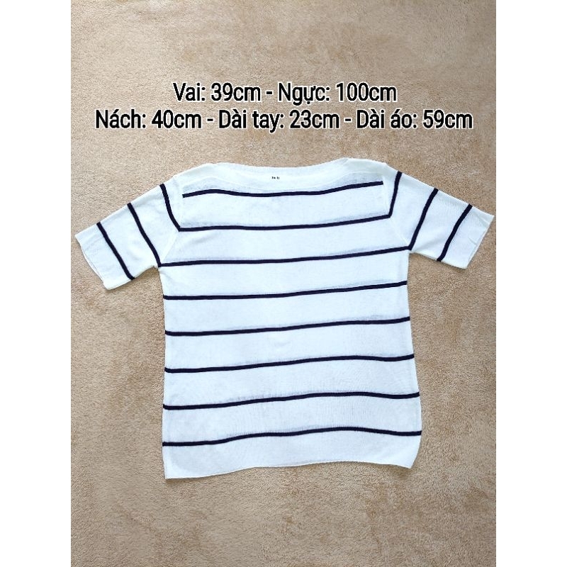 Áo len mông tơ ghi nữ màu trắng kẻ sọc ngang tay ngắn made in Korea size M và L mặc được - Secondhand - 2hand