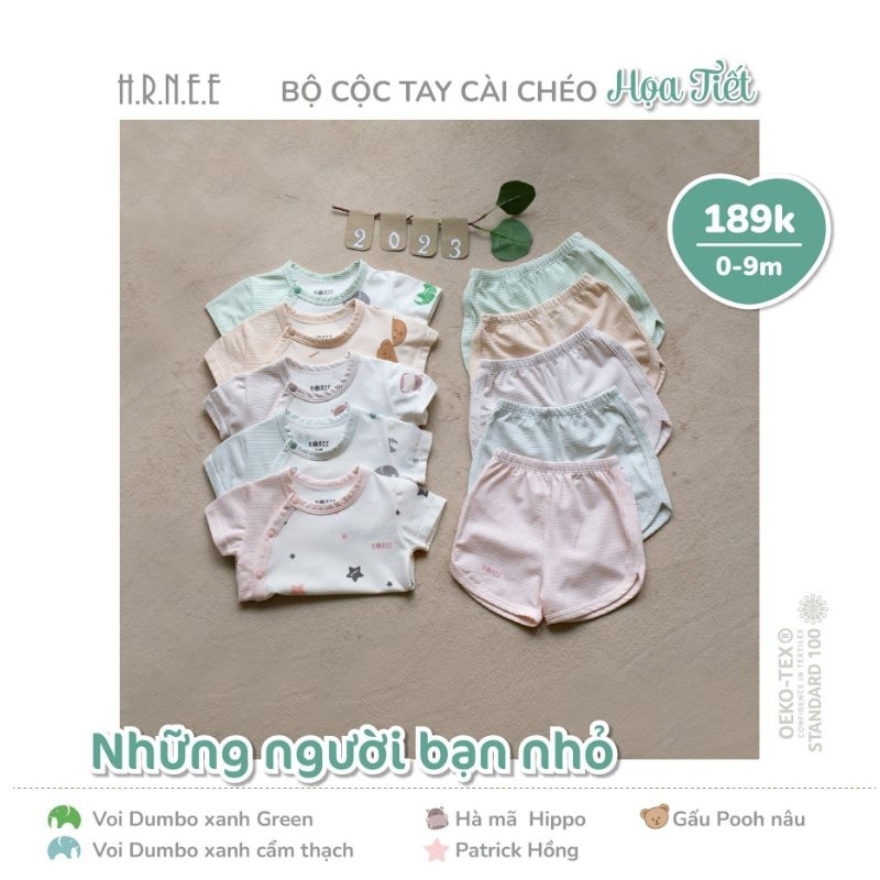 Hrnee - Bộ cộc tay cài chéo sơ sinh cho bé 0M-9M chất liệu sợi sồi