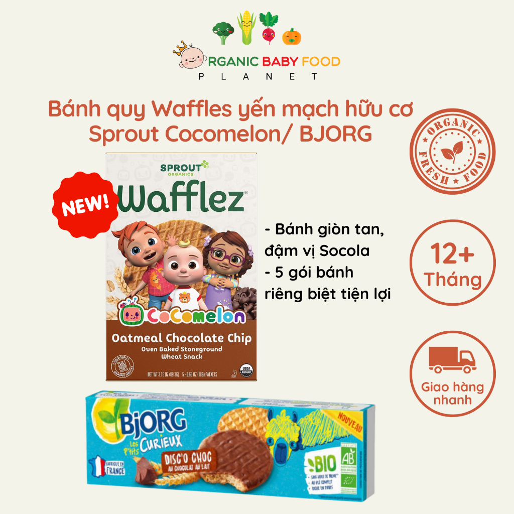 Bánh quy waffles cho bé ăn dặm từ 12 tháng Sprout Cocomelon / BJORG yến mạch hữu cơ vị Socola thơm ngon dễ ăn 90g/ 160g