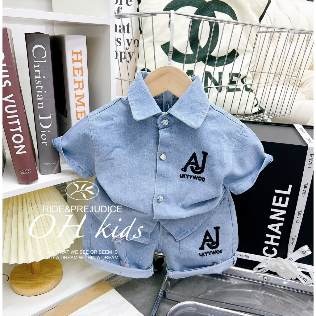 Đồ bộ bé trai , Set bộ jeans cộc tay Áo sơ mi bò thêu chữ AJ sắc nét phối quần bò ráchsành điệu cho bé