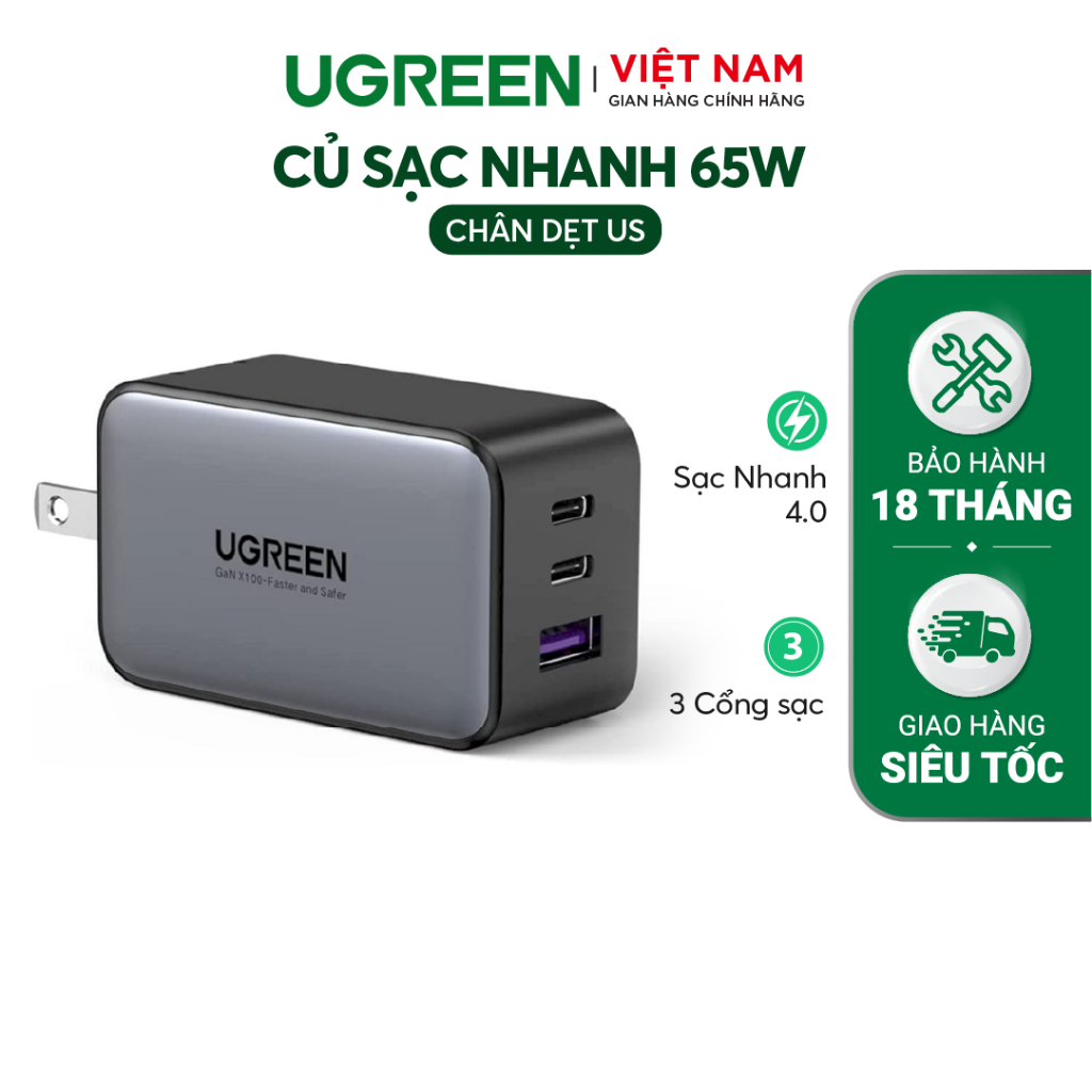 Củ sạc máy tính/điện thoại UGREEN 65W CD244 Nexode|GaN II|3 cổng PD USB| QC 4.0 3.0| BH 18 tháng 1đổi1 10334 10335 15333