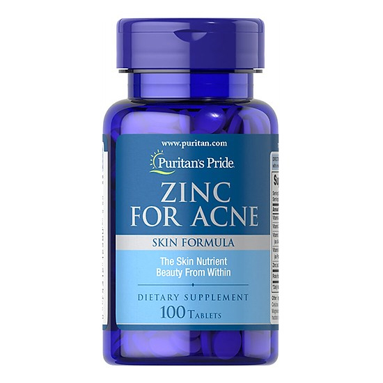 Viên uống giảm mụn nội tiết, mụn đầu đen Puritan's Pride Zinc For Acne của Mỹ bổ sung ZinC, Vitamin C hộp 100 viên