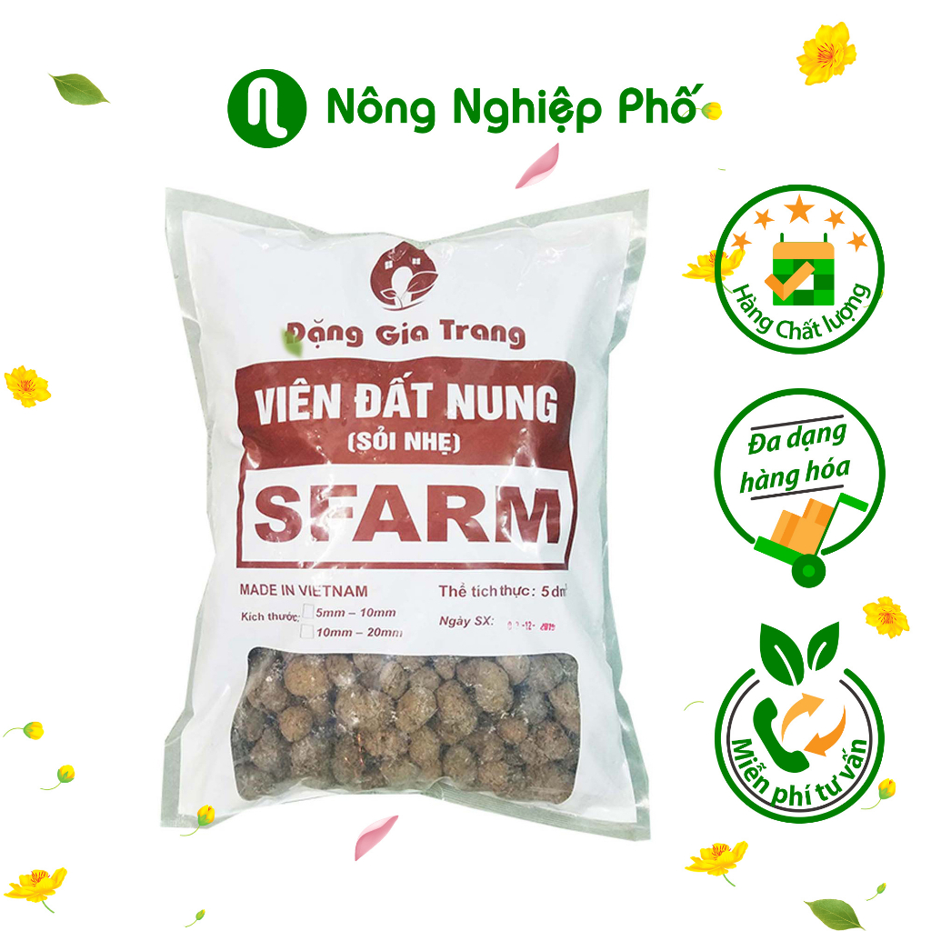 Giá thể Viên Đất Nung Sỏi Nhẹ SFARM Kích Thước 10 - 20 mm Chuyên Dùng Trồng Rau Thủy Canh, Lót Chậu Túi 5 dm3 ~ 3kg