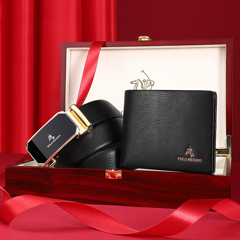 Bộ quà tặng lịch lãm cho nam thắt lưng nam, ví da nam thương hiệu Polo Meisdo TV05, kèm hộp gỗ cao cấp