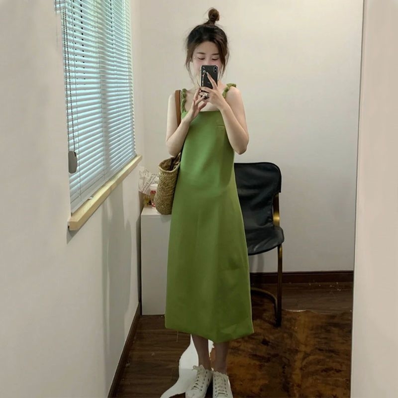 (Order) Váy hai dây xoắn kiểu màu xanh bơ dáng chữ A form dài vintage Hàn Quốc