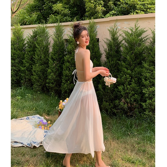 Set bikini một mảnh cổ yếm kèm chân váy voan trắng Hot Trend 2023 - M085 - Mermaid