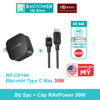 Bộ Sạc RAVPower 30W 2 Cổng (USB + Type C) GaN Tech PC144 + Cáp USB-C to Lighting sạc nhanh 20 30W CB054