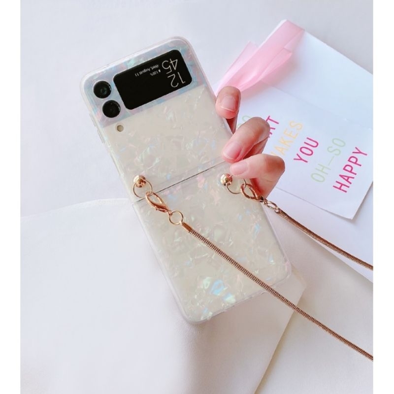 Ốp Z Flip 4 - Z Flip 3 - Z Flip3 - Flip4 5G vân đá lấp lánh viền dẻo kèm dây xích nhuyễn đeo chéo sang trọng